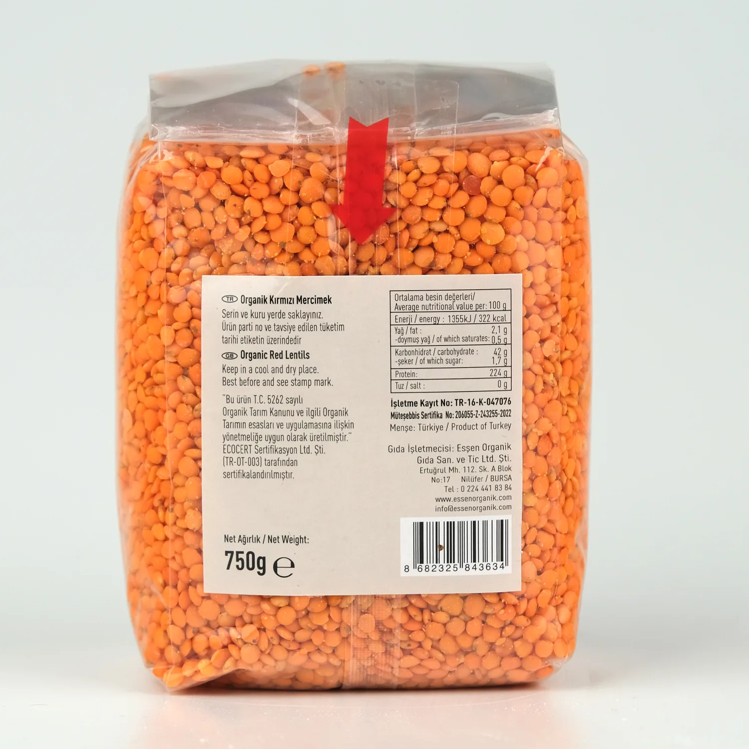 Organik Kırmızı Mercimek 750 Gr